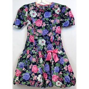 Vtg 90s Rose Cottage Drop Waist Girls Dress Sz 12 Cabbage Roses Bubble Skirt